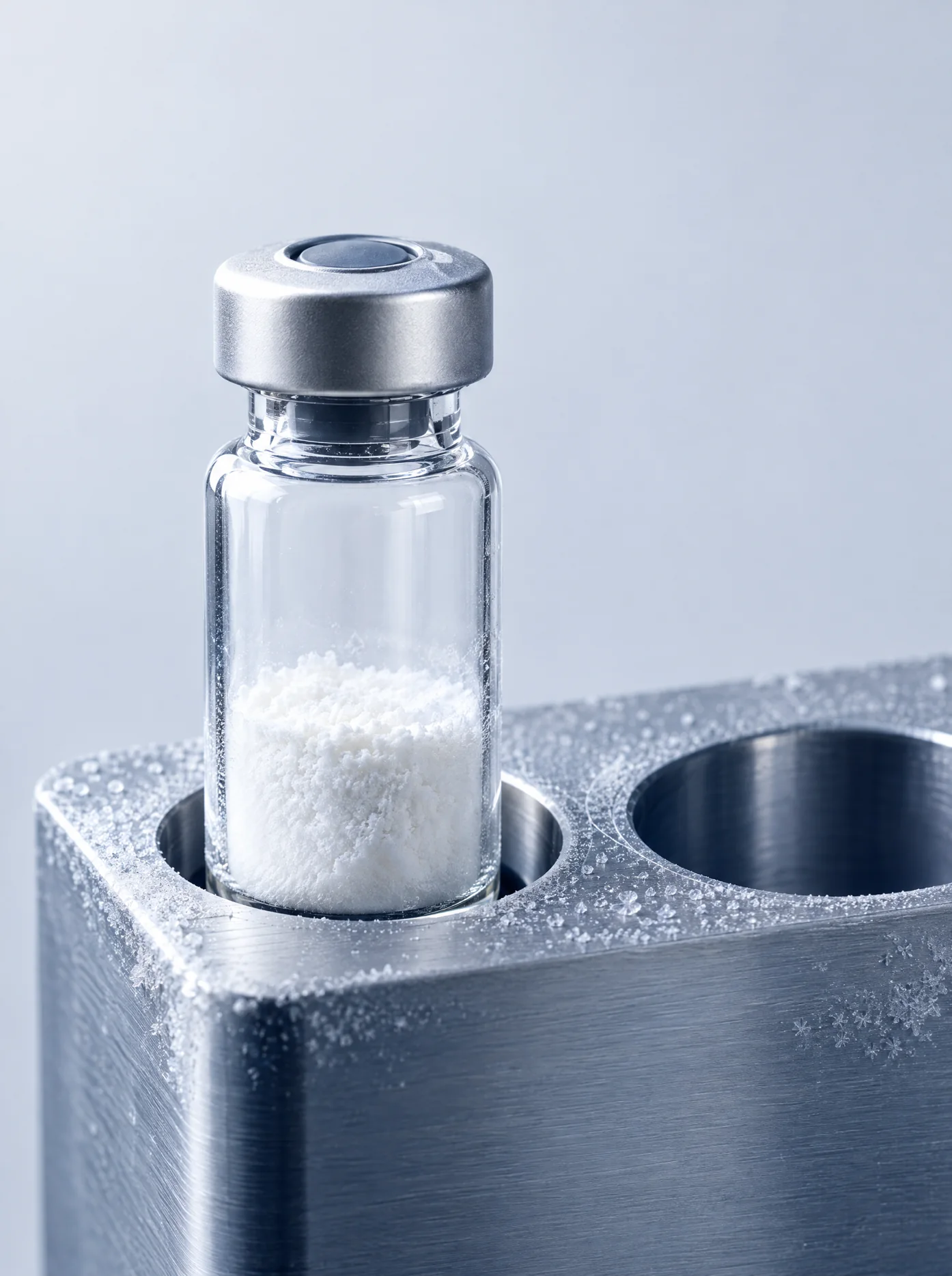 A PeptiQ vial resting in a frosted aluminum cold block